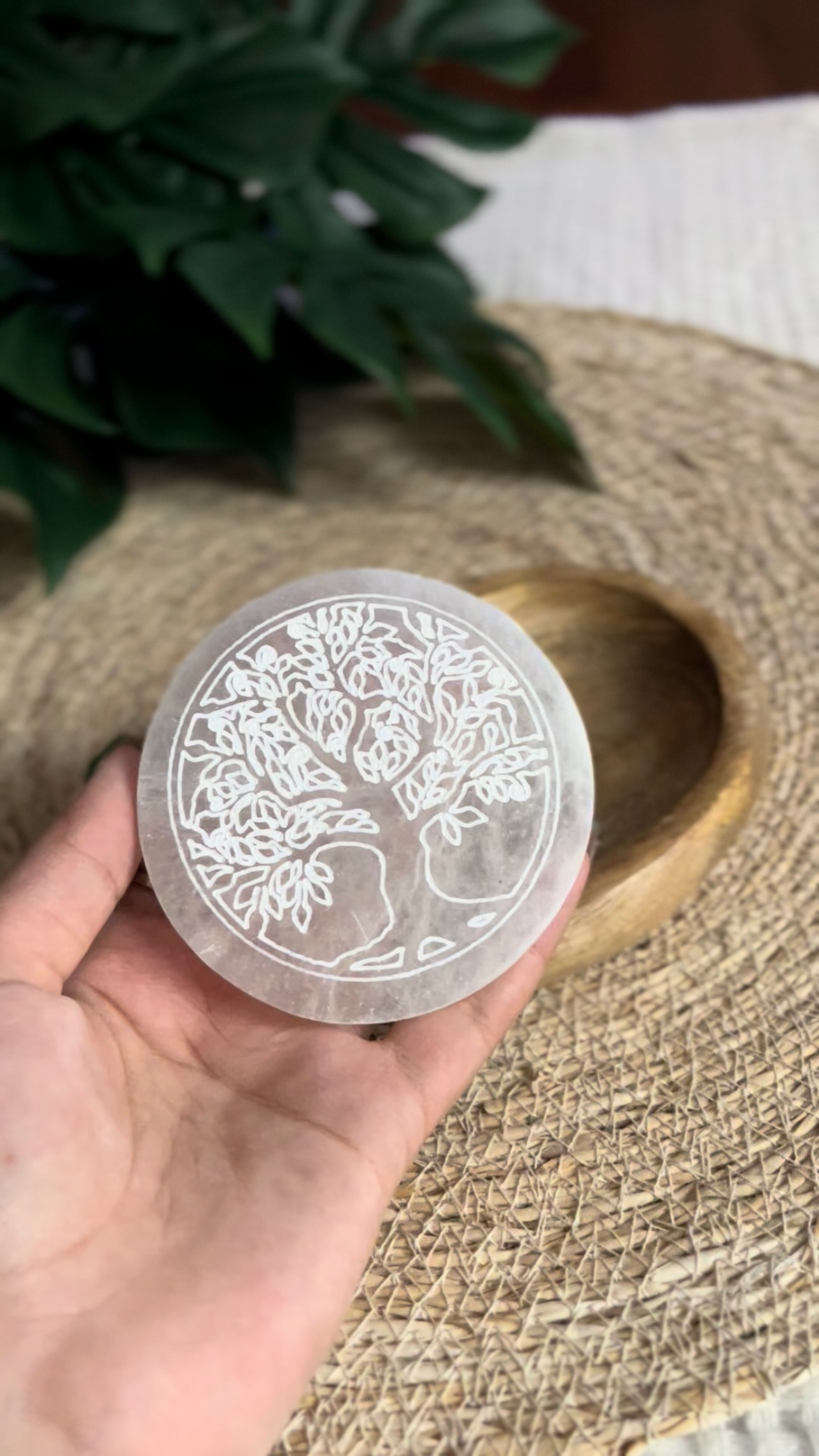 Plaque de Sélénite Gravée – Arbre de Vie – Purification & Harmonie