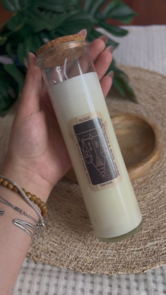 Bougie Magique “BALANCE” – Agate Noire & Jaspe Blanc | Ylang Ylang