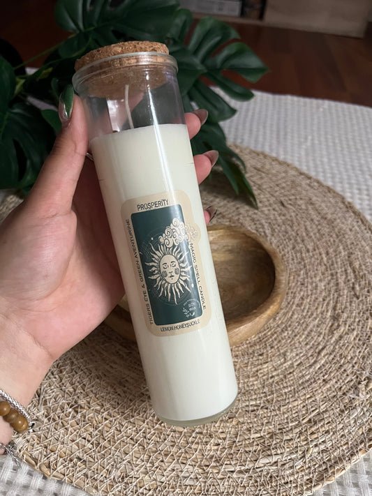Bougie Magique “PROSPÉRITÉ” – Œil de tigre, Aventurine verte & Citron-Chèvrefeuille