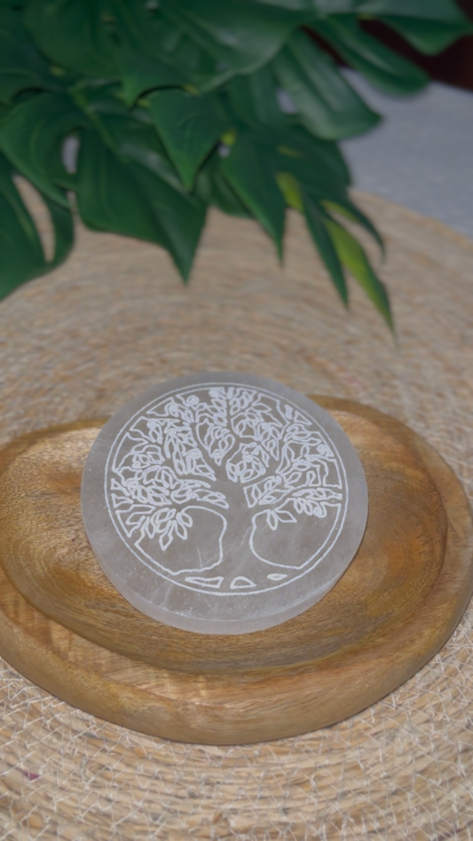 Plaque de Sélénite Gravée – Arbre de Vie – Purification & Harmonie