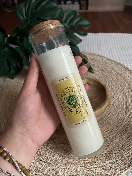 Bougie Magique “HAPPINESS” – Aventurine Verte & Parfum Moroccan Roll